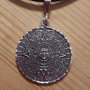 Silver Aztec Calendar necklace black cord pendant sun necklace sterling silver